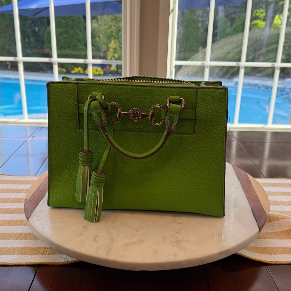Anne Klein Green Leather Satchel with Tassel Accents